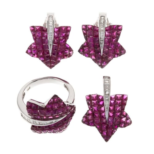 A Set of Invisibly Set Ruby & Diamond Jewelry